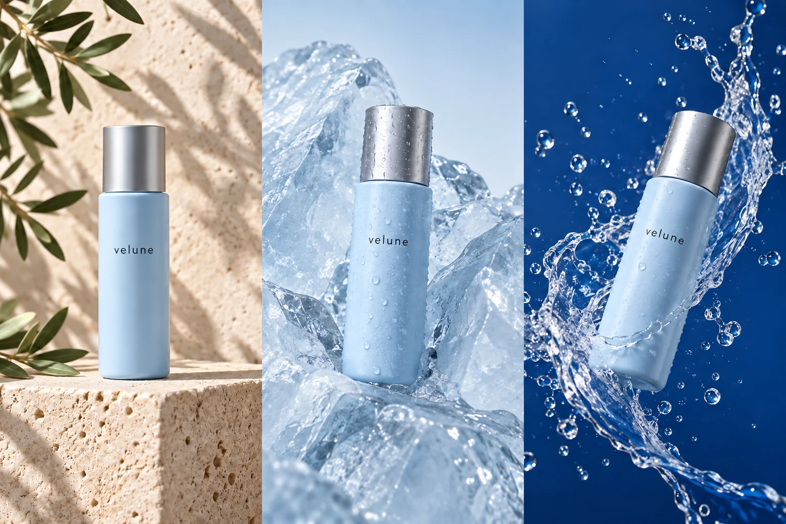 Velune serum in three campaign settings: warm stone, blue ice, and a water splash